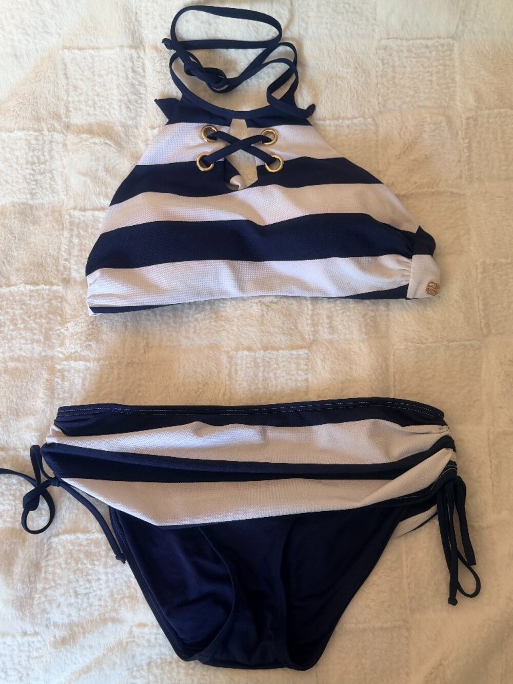 Turquoise Couture Nautical Navy & White Striped Halter Bikini Set - Size M  NWOT